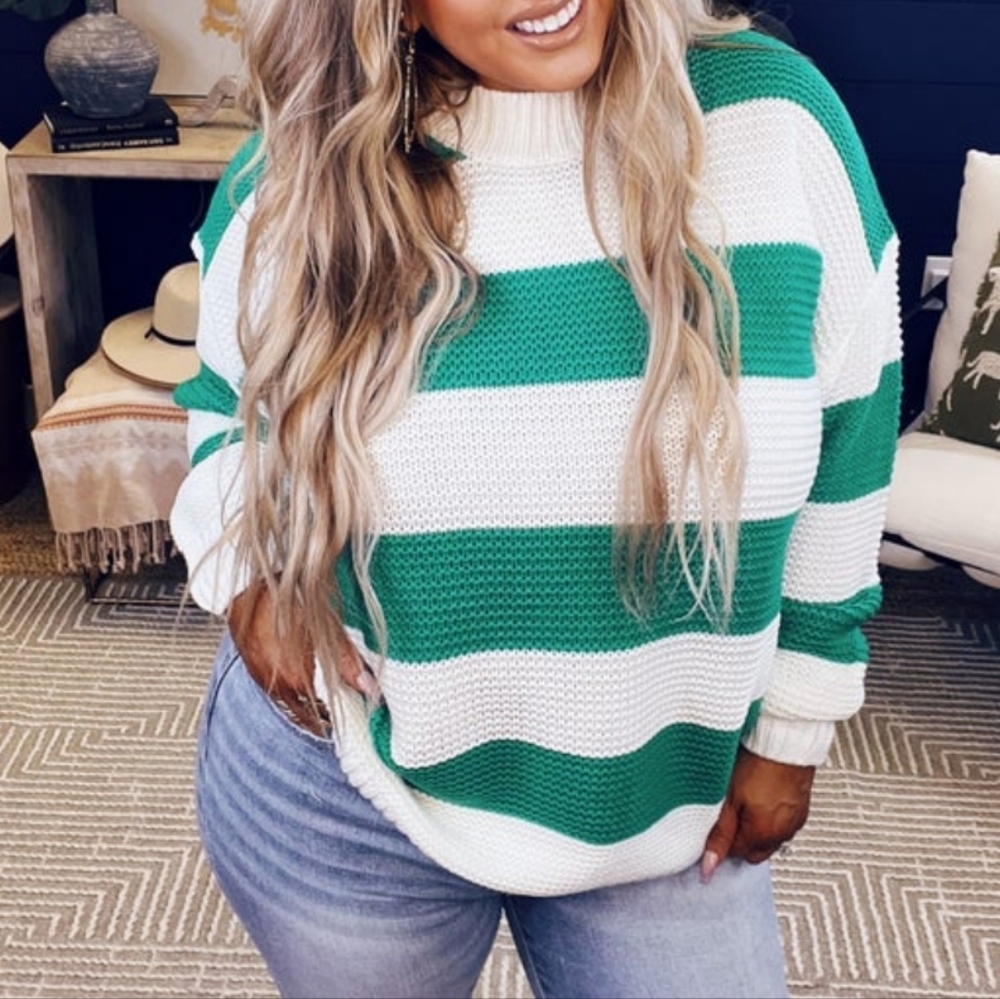 NWOT Bold Stripe Mock Neck Knit Sweater Green & White, Trendy, Cute, Sz  M
